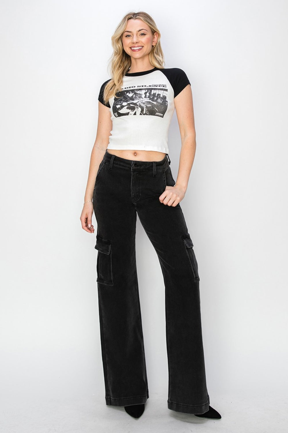 RISEN Cargo High-Rise Waist Boyfriend Denim Relaxed Wide Leg Utility Jean Pants