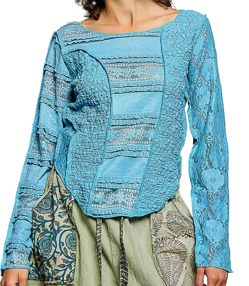 POL Lace Patchwork Top Round Neck Exposed Seam Shirt Long Sleeve Blouse Blue