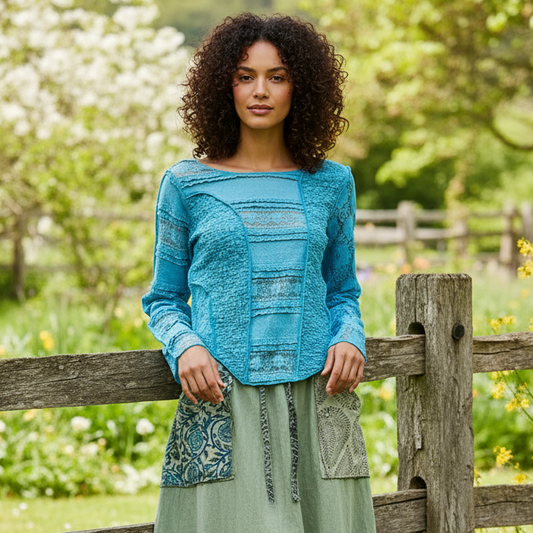 POL Lace Patchwork Top Round Neck Exposed Seam Shirt Long Sleeve Blouse Blue