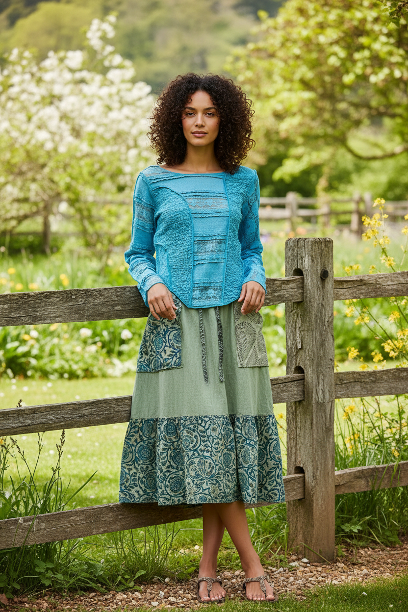 POL Lace Patchwork Top Round Neck Exposed Seam Shirt Long Sleeve Blouse Blue
