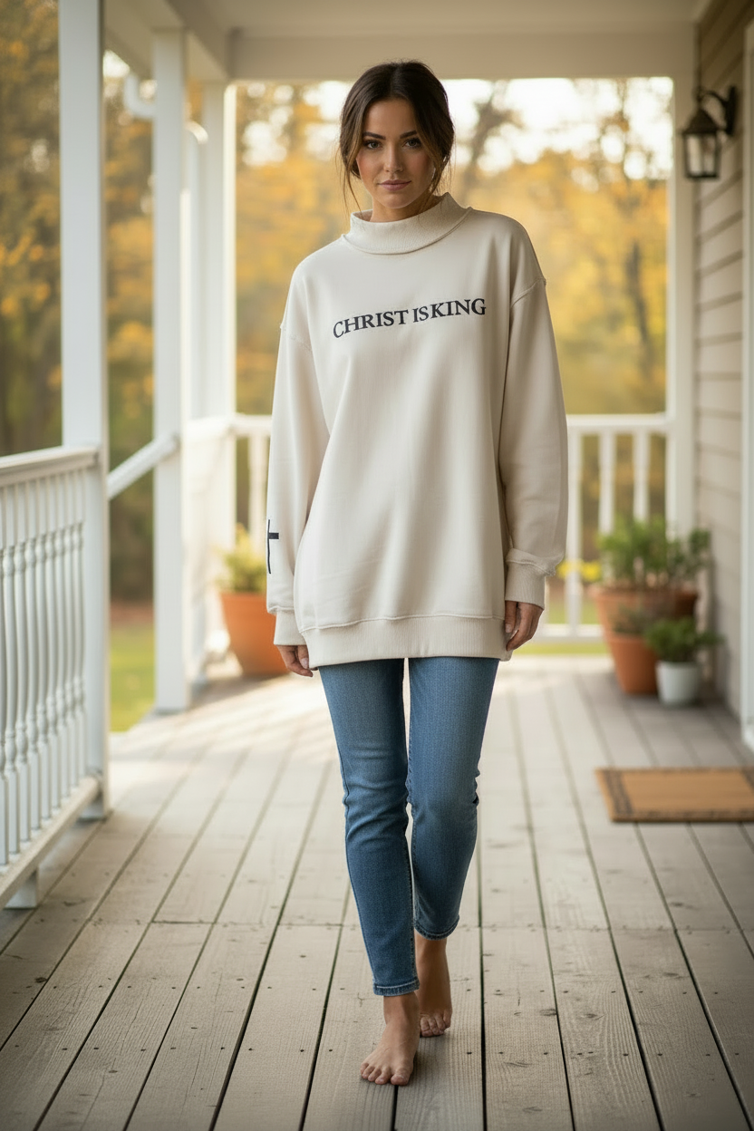 Christ Is King Embroidered Mock Neck Exposed Seam Baggy Top Jesus Oversized Sweatshirt