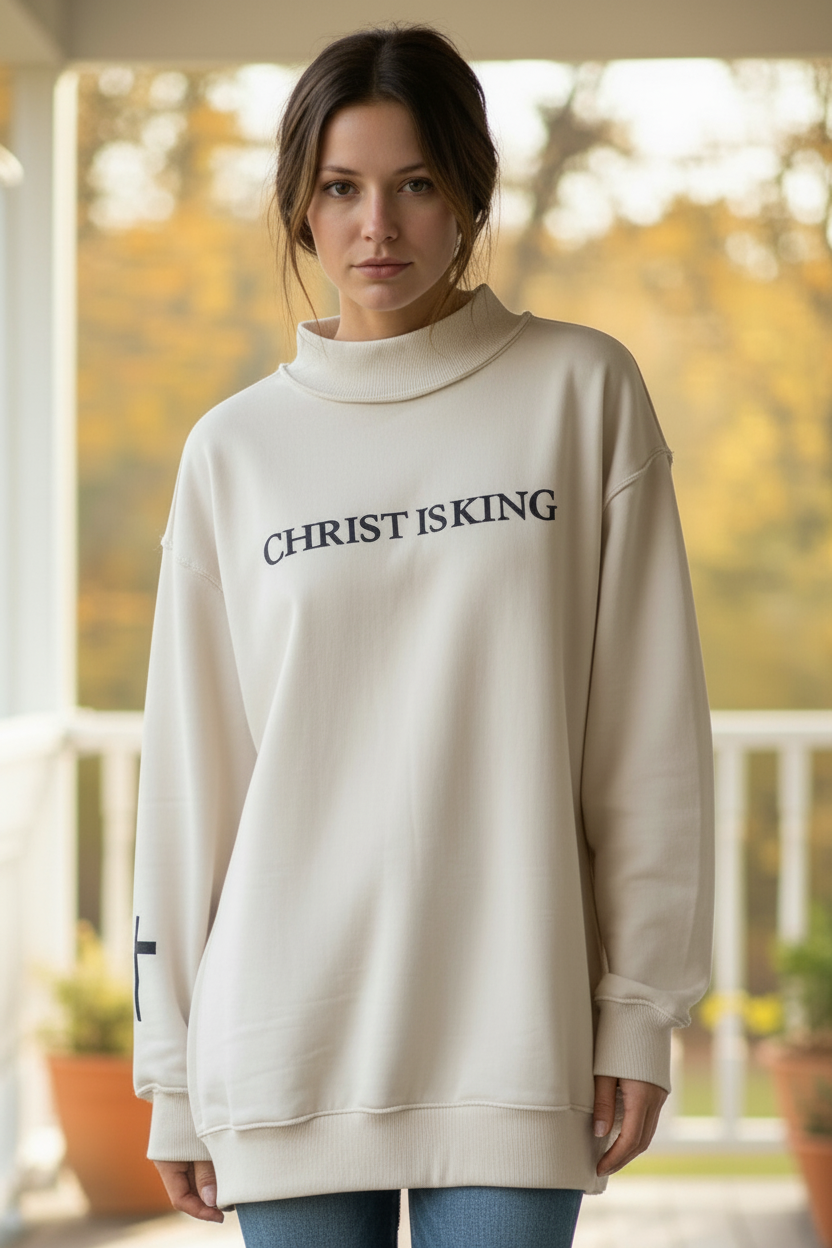 Christ Is King Embroidered Mock Neck Exposed Seam Baggy Top Jesus Oversized Sweatshirt