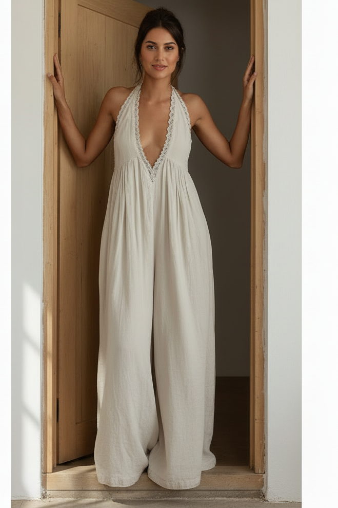 Lace Trim Plunging V-Neck Ultra Wide Leg Boho Jumpsuit Sleeveless One-Piece Outfit