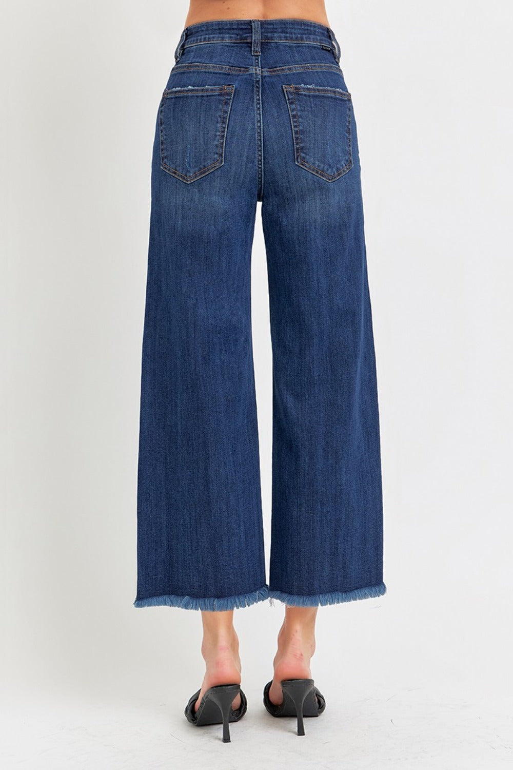 High-Rise Denim Jeans Wide Leg Cropped Raw Frayed Hem Retro Pants RISEN