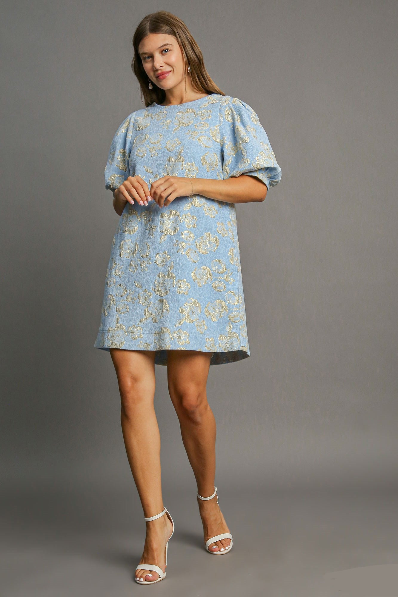 Umgee Rose Jacquard Puff Sleeve Sheath Mini Dress Textured Retro Gold Metallic Floral