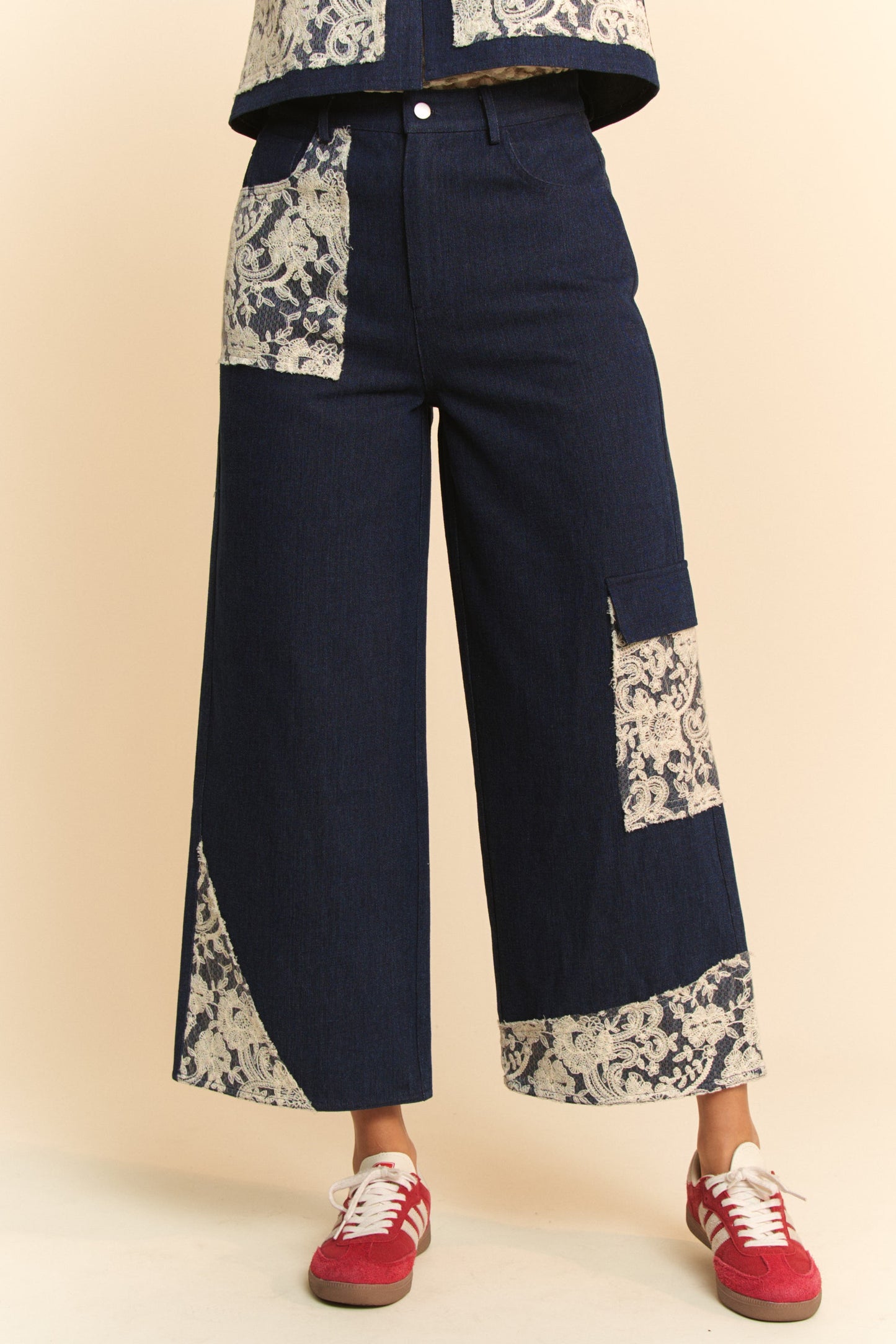 DAVI & DANI Jeans Lace Cargo Patchwork High-Rise Relaxed Wide Leg Denim Pants