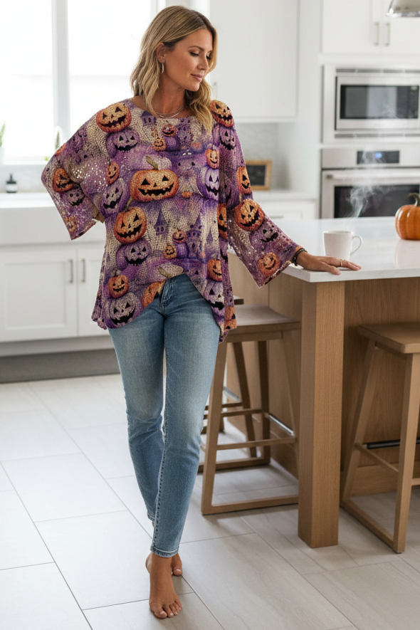 Crochet Openwork Halloween Pumpkin Jack-O-Lantern Colorful Knit Oversized Sweater