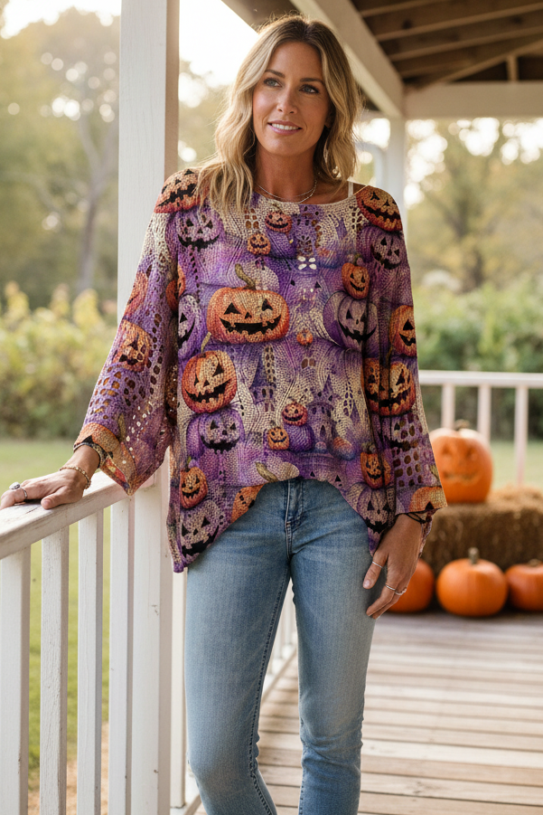 Crochet Openwork Halloween Pumpkin Jack-O-Lantern Colorful Knit Oversized Sweater