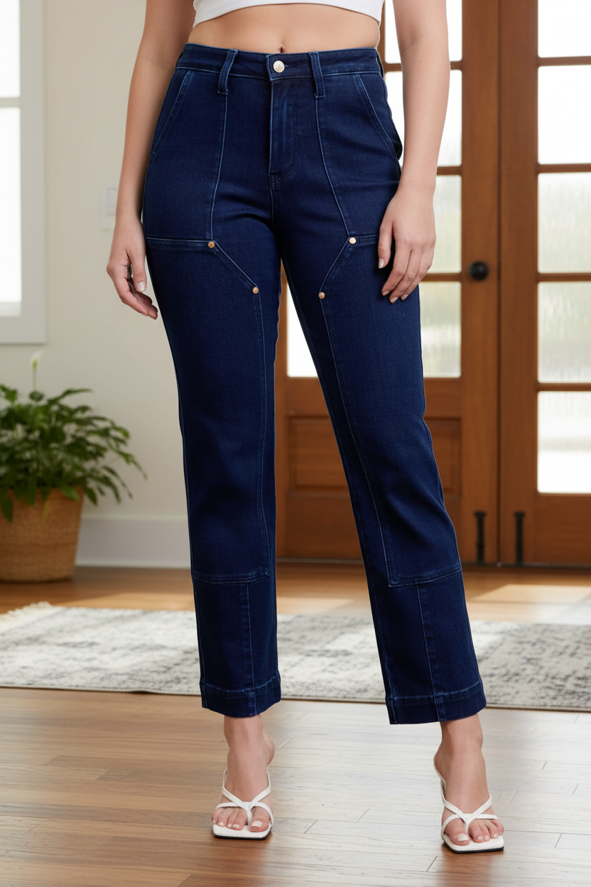 Judy Blue High Rise Studded Equestrian Patchwork Straight Leg Jeans Slim Fit Denim Ankle Legth Pants