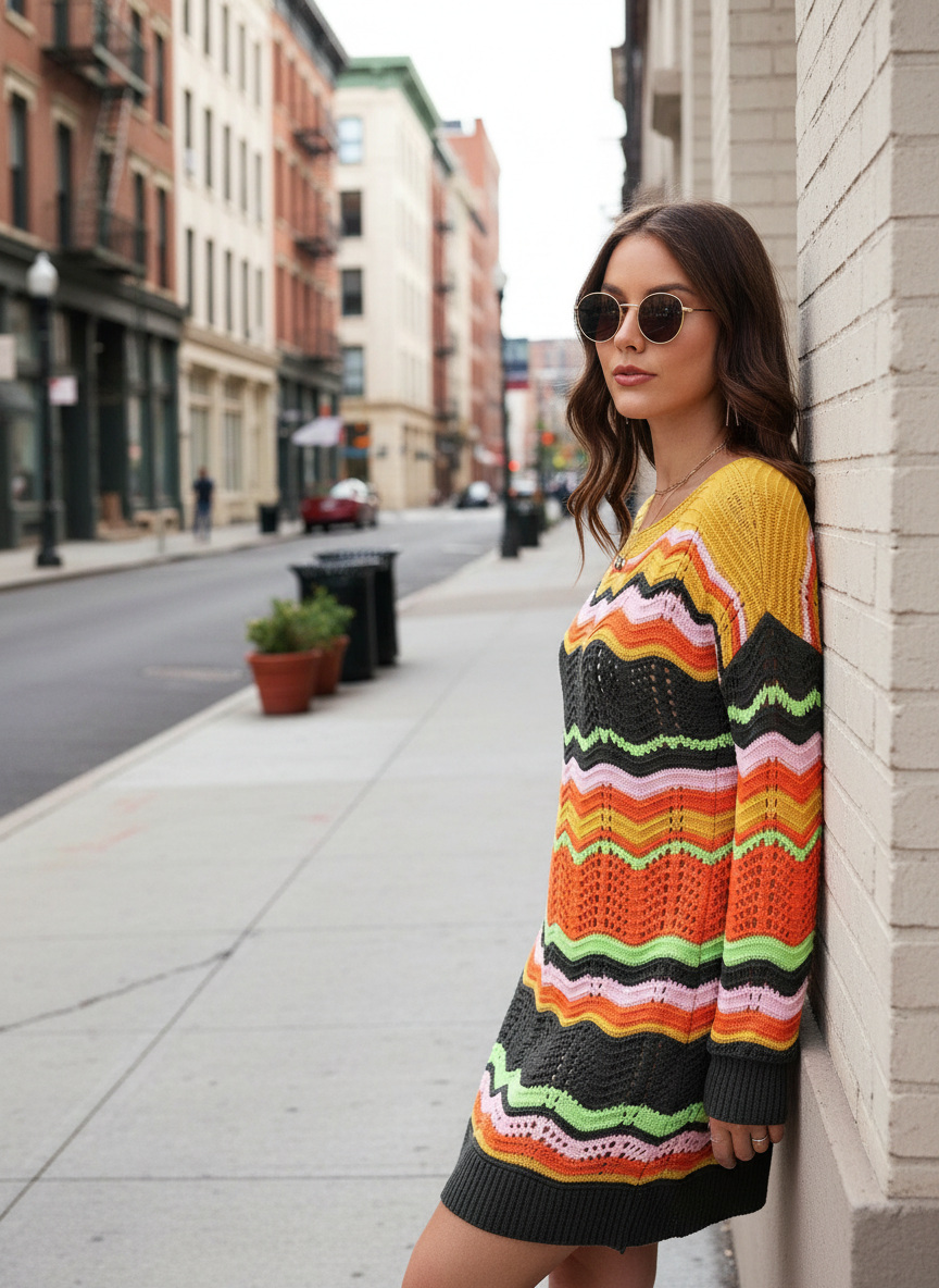 Retro 70s Revival Openwork Knit Long Sleeve Mini Sweater Dress Zigzag Stripe