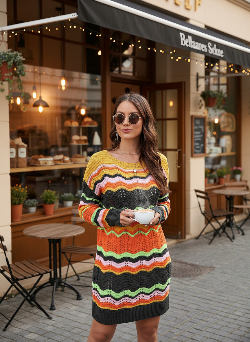 Retro 70s Revival Openwork Knit Long Sleeve Mini Sweater Dress Zigzag Stripe