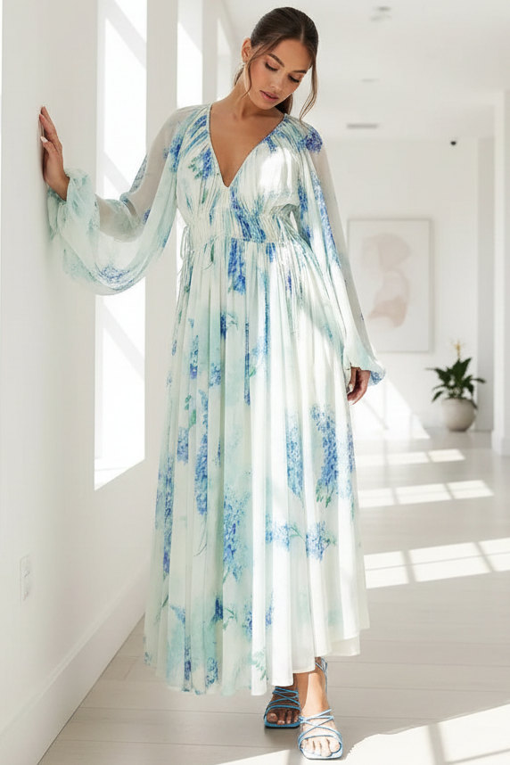 Ethereal Plunging V-Neck Sheer Chiffon Balloon Sleeve Bow Tie Waist Maxi Dress
