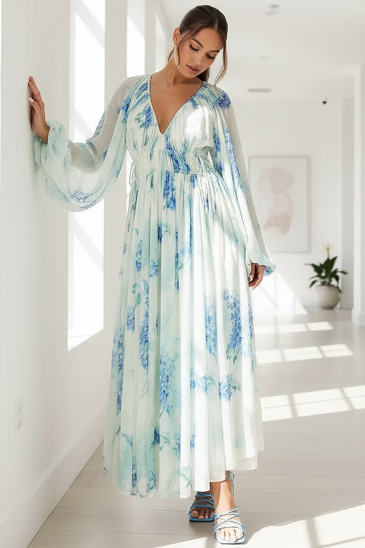 Ethereal Plunging V-Neck Sheer Chiffon Balloon Sleeve Bow Tie Waist Maxi Dress