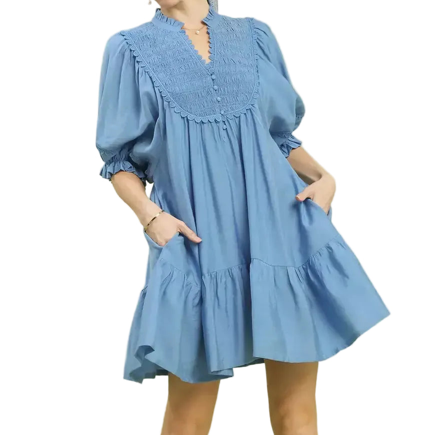 Umgee Button Smocked Bib Lace Trim Puff Sleeve Ruffle Hem Babydoll Mini Dress Periwinkle Blue