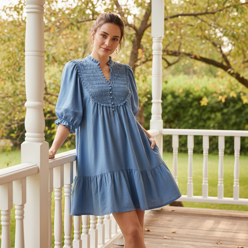Umgee Button Smocked Bib Lace Trim Puff Sleeve Ruffle Hem Babydoll Mini Dress Periwinkle Blue