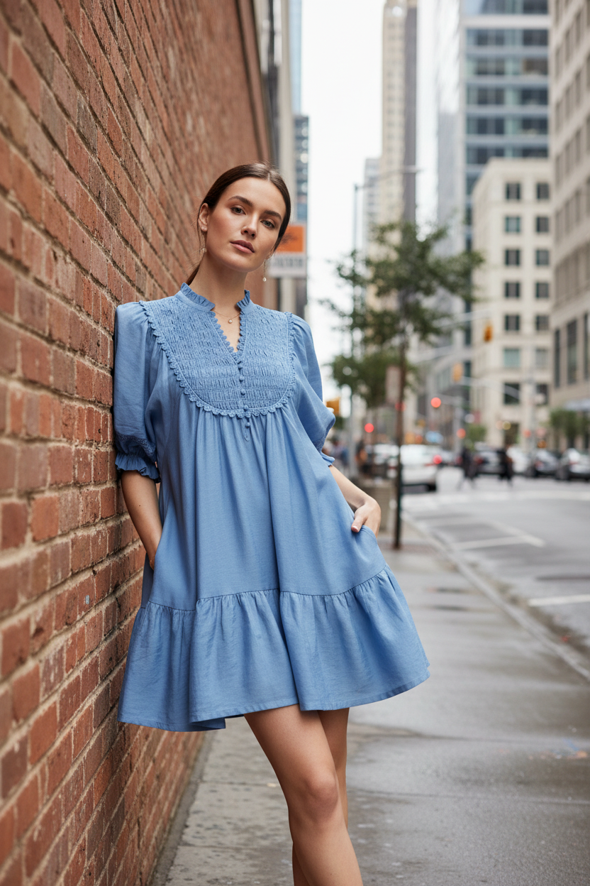 Umgee Button Smocked Bib Lace Trim Puff Sleeve Ruffle Hem Babydoll Mini Dress Periwinkle Blue