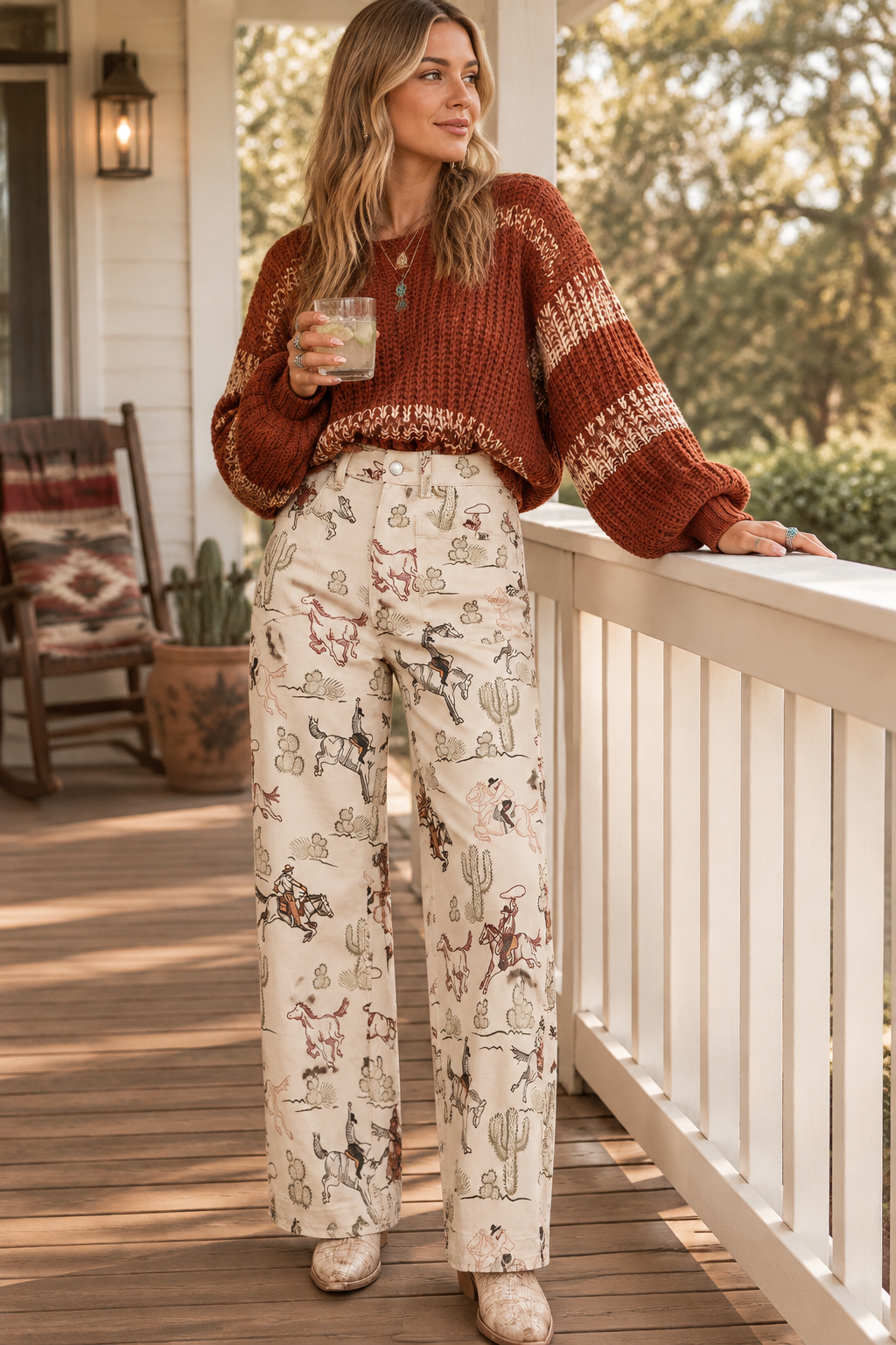 Rodeo Cowboy Print Straight Leg Jeans Western Cowgirl High Rise Patch Pocket Pants