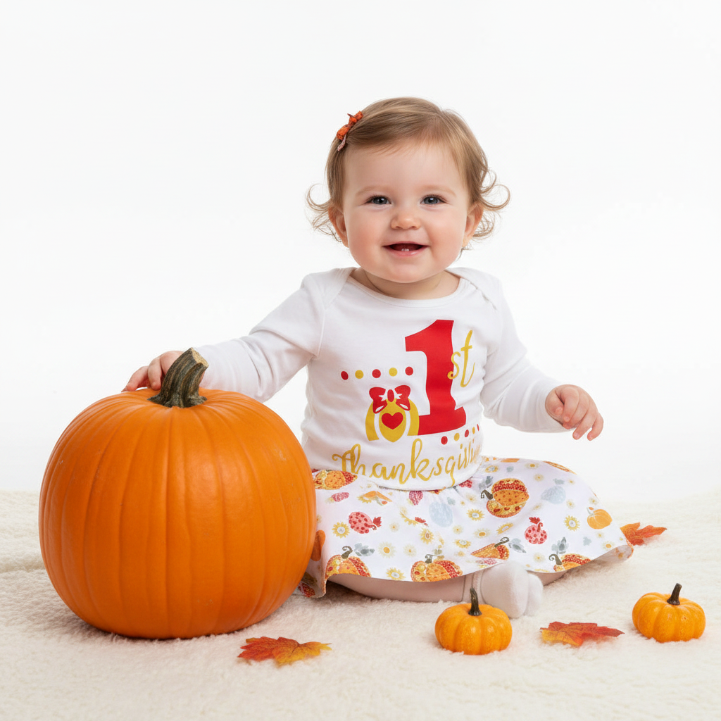 Baby Girl 1st Thanksgiving Pumpkin Long Sleeve Skirt Matching Skirt Holiday Outfit Set