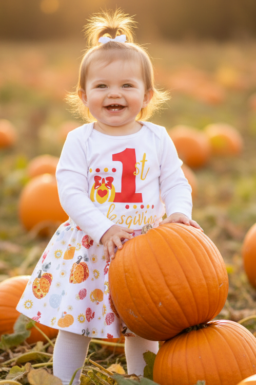 Baby Girl 1st Thanksgiving Pumpkin Long Sleeve Skirt Matching Skirt Holiday Outfit Set