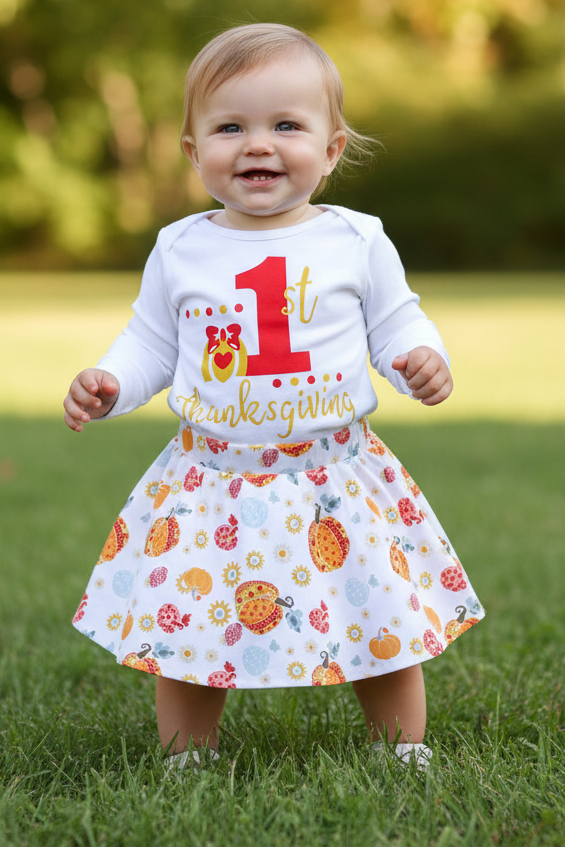 Baby Girl 1st Thanksgiving Pumpkin Long Sleeve Skirt Matching Skirt Holiday Outfit Set