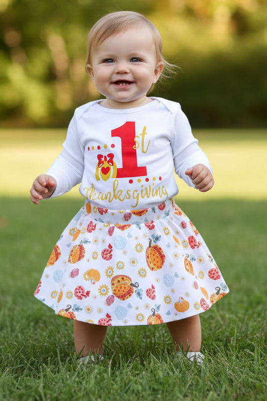 Baby Girl 1st Thanksgiving Pumpkin Long Sleeve Skirt Matching Skirt Holiday Outfit Set