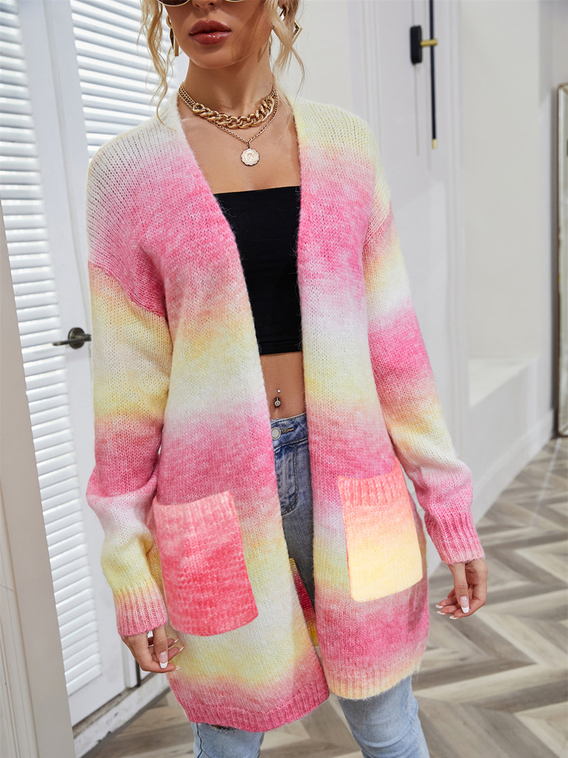 Retro Knit Longline Cardigan Colorful Ombre Patch Pocket Open Sweater Duster