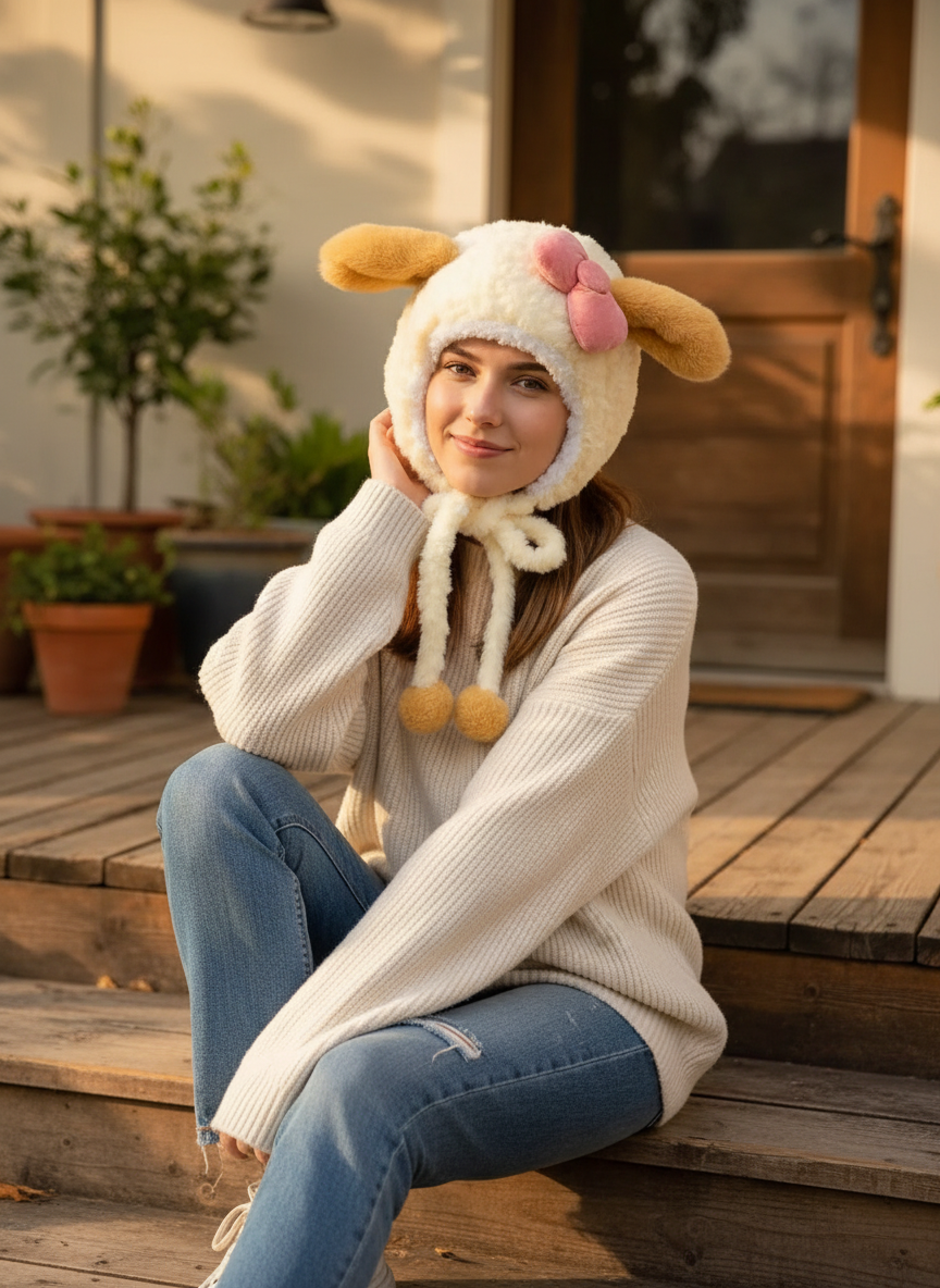 Cute Plush Animal Ear Faux Fur Winter Hat Large Bow Tie Pom Pom Character