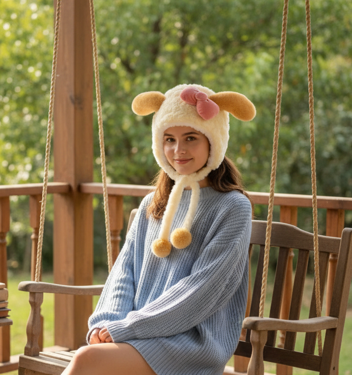 Cute Plush Animal Ear Faux Fur Winter Hat Large Bow Tie Pom Pom Character