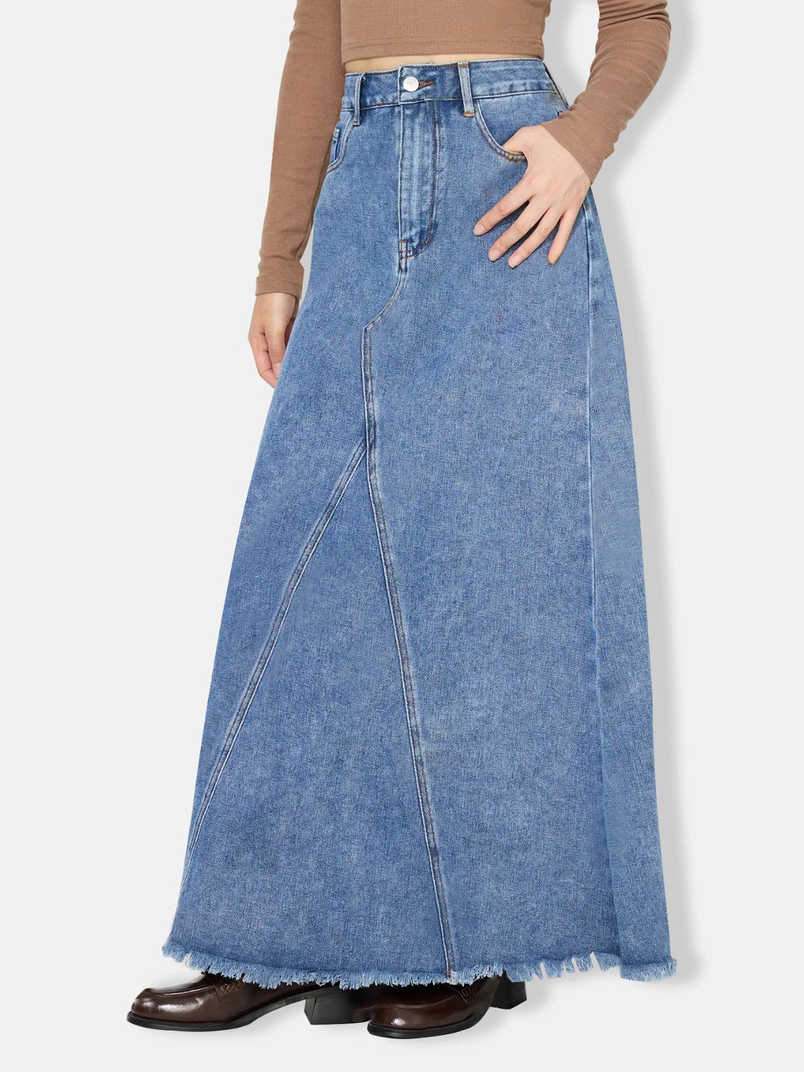 Retro Pocket High-Rise Waist Wide Panel Distressed Fringe Denim Blue Jean Maxi Skirt