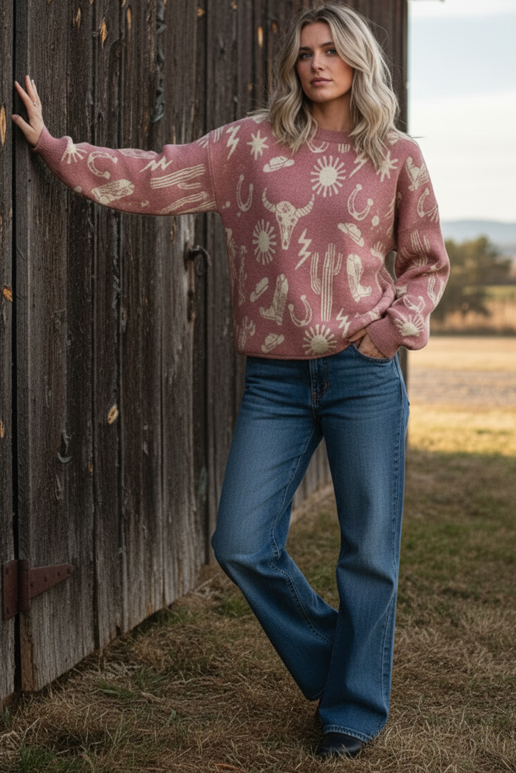 Southwestern Cowgirl Longhorn Desert Rodeo Oversized Crewneck Long Sleeve Sweater