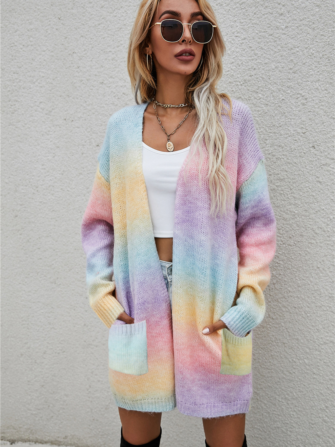 Retro Knit Longline Cardigan Colorful Ombre Patch Pocket Open Sweater Duster