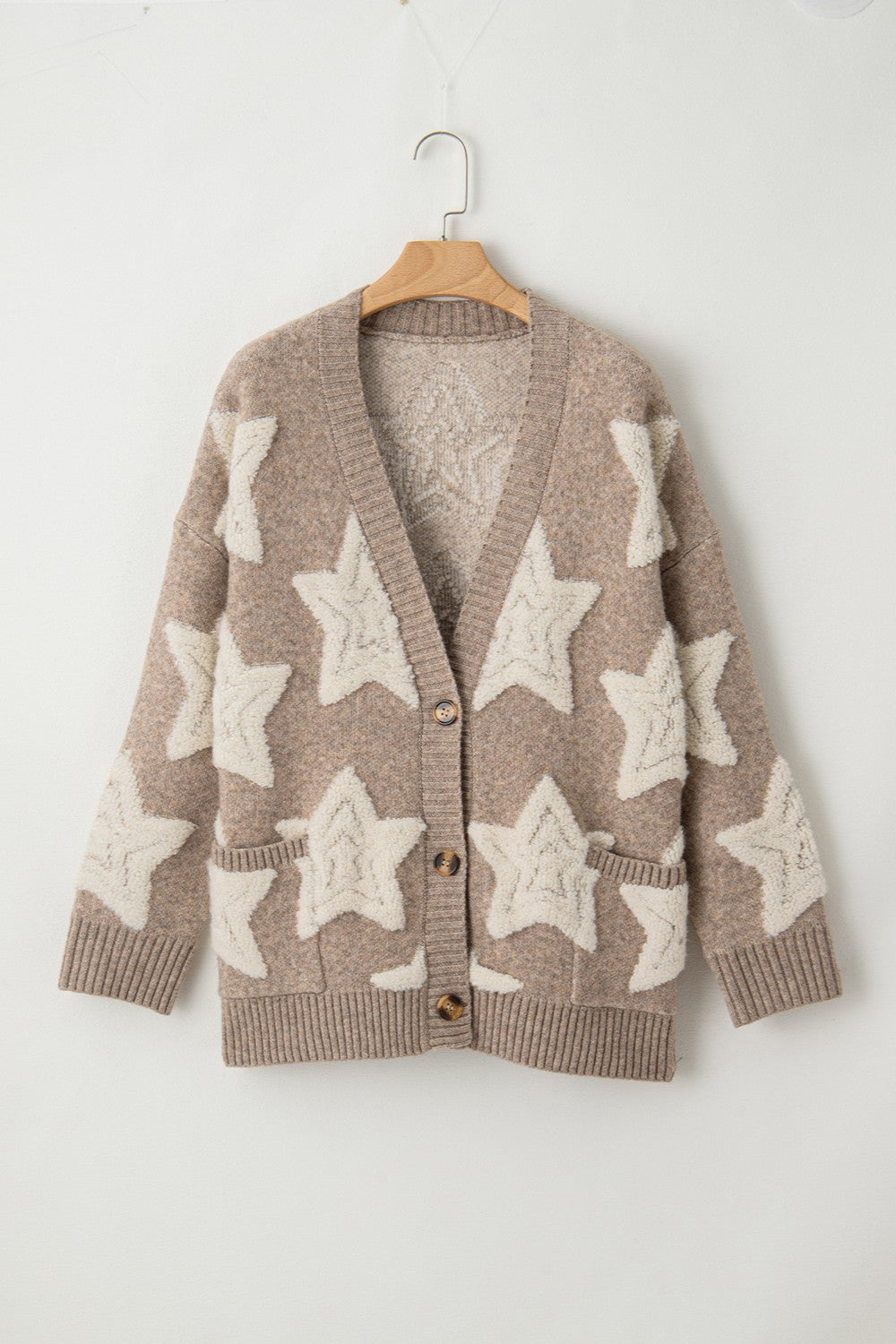 Teddy Sherpa Fuzzy Terry Star Knit Cardigan Long Sleeve Oversized Retro Varsity Button Sweater