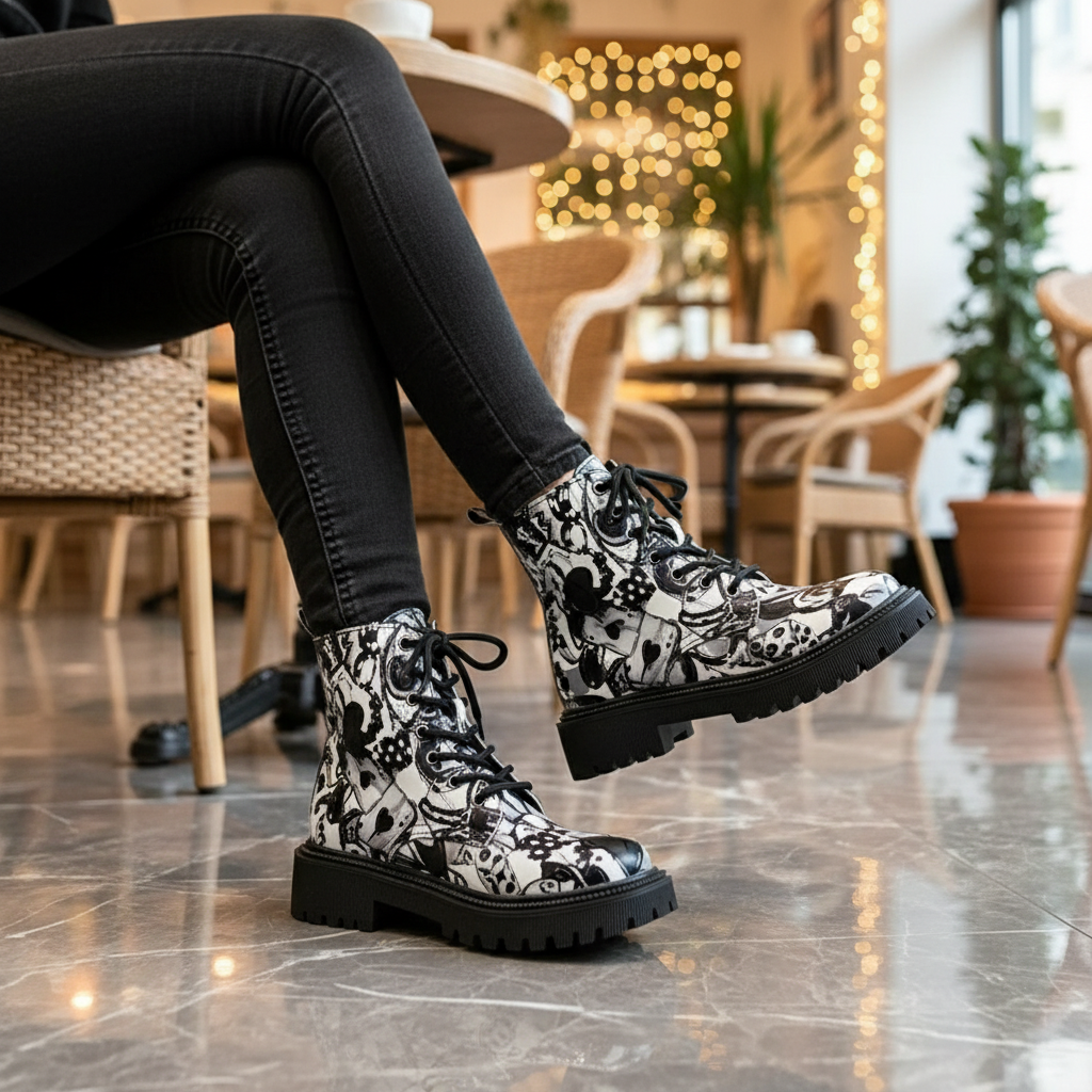 Graffiti Combat Boots Lace-up Streetwear Lug Chunky Utility Artists Retro Shoes