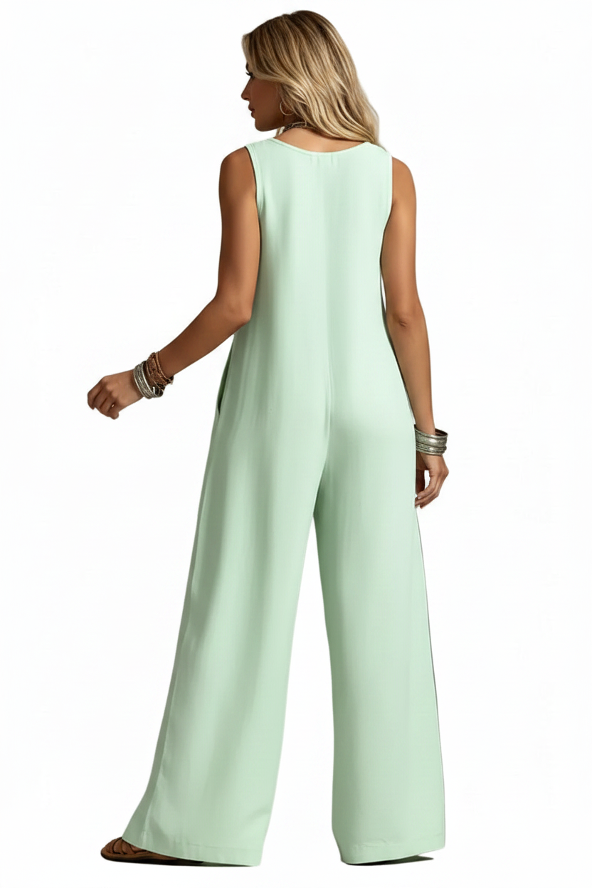 Baggy Button Up Patch Pocket Scoop Neck One-Piece Split Wide Leg Pant Jumpsuit