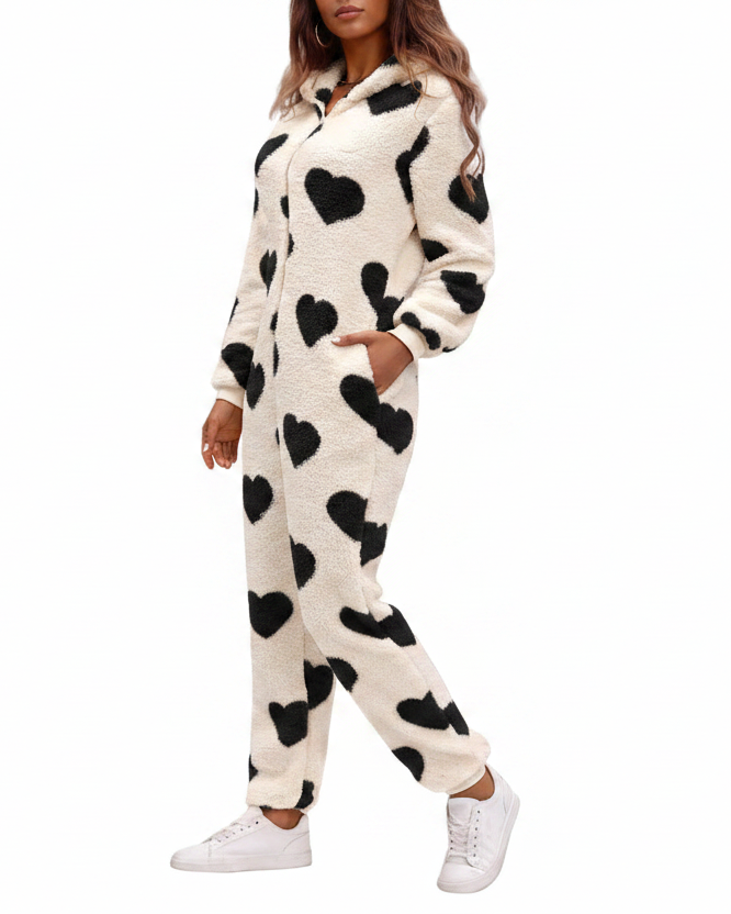 Fuzzy Sherpa Heart Hooded Zip-Up Teddy Sherpa One-Piece Loungewear Jumpsuit