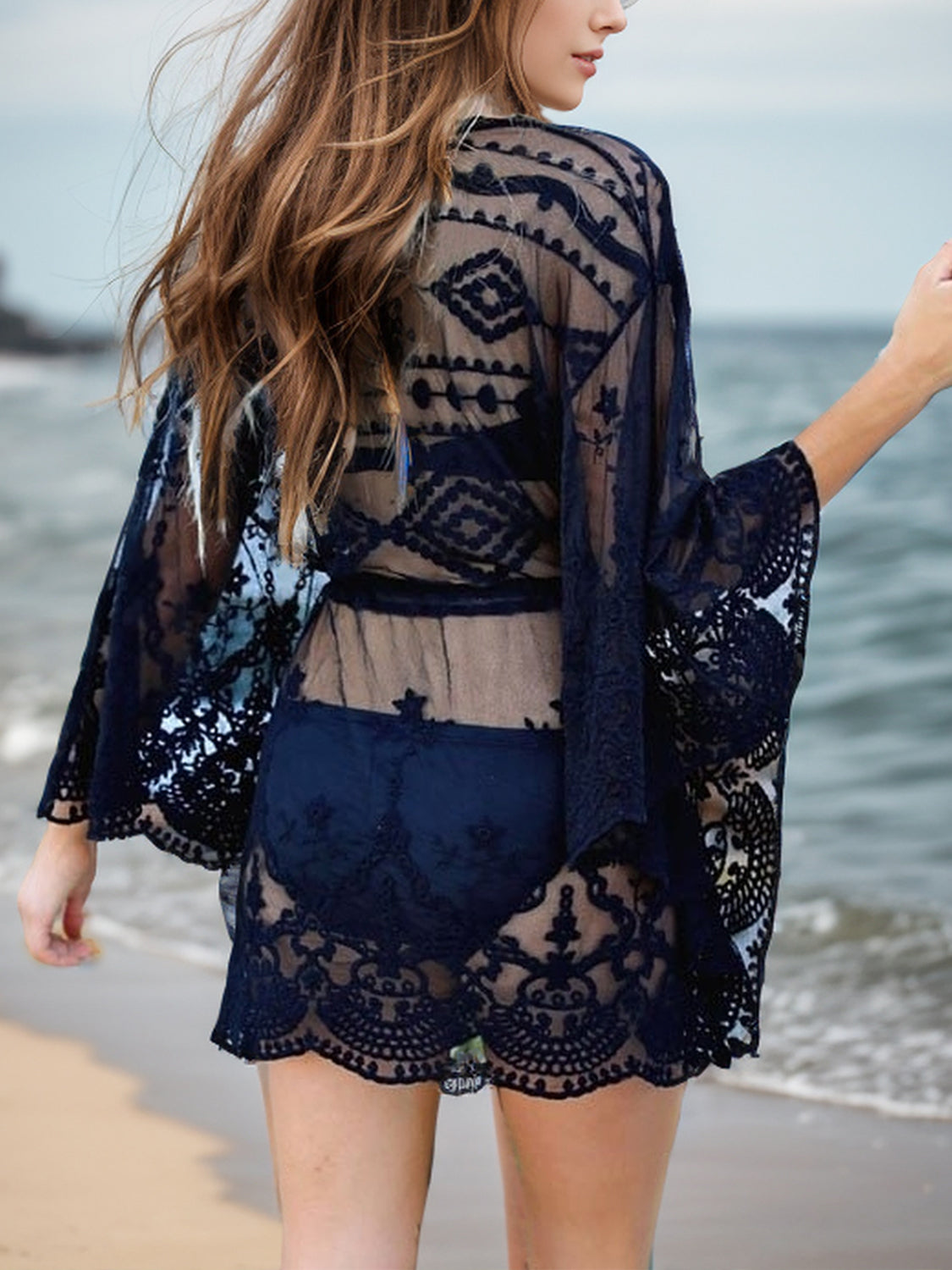 Bohemian Lace Retro Batwing Swim Coverup Mini Dress V-neck Swimwear Cover