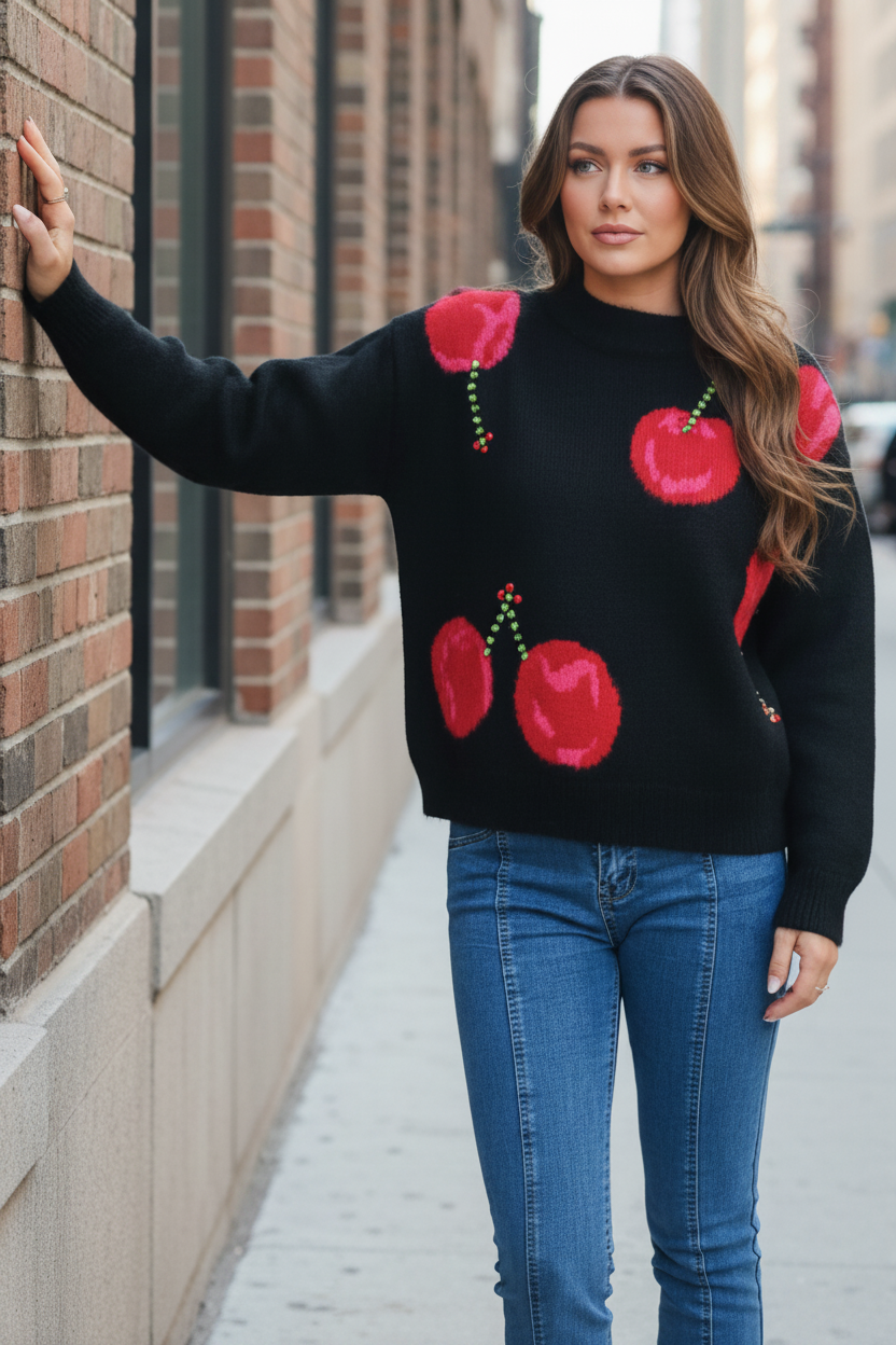 Rhinestone Cherry Embellished Shirt Contrasting Sweater Long Sleeve Pullover