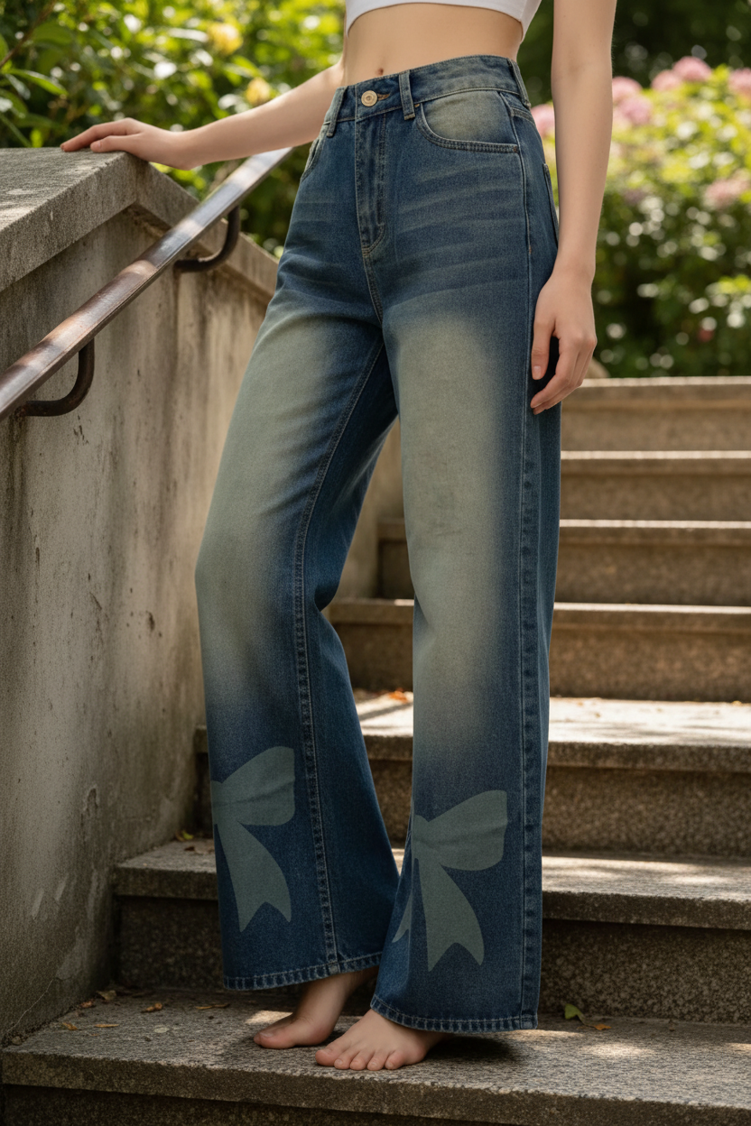 Bow Accent Retro Relaxed Fit Baggy Wide Leg Washed Out Denim Blue Jeans