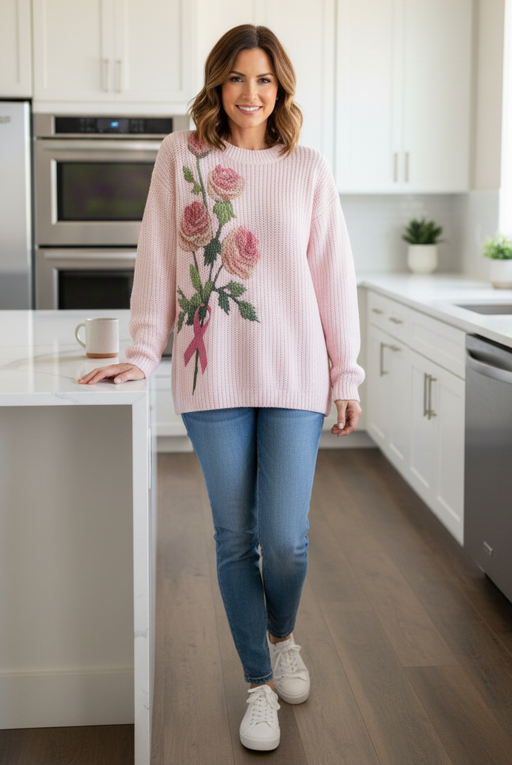 Knit Pink Ribbon Granny Floral Round Neck Shirt Long Sleeve Pullover Sweater