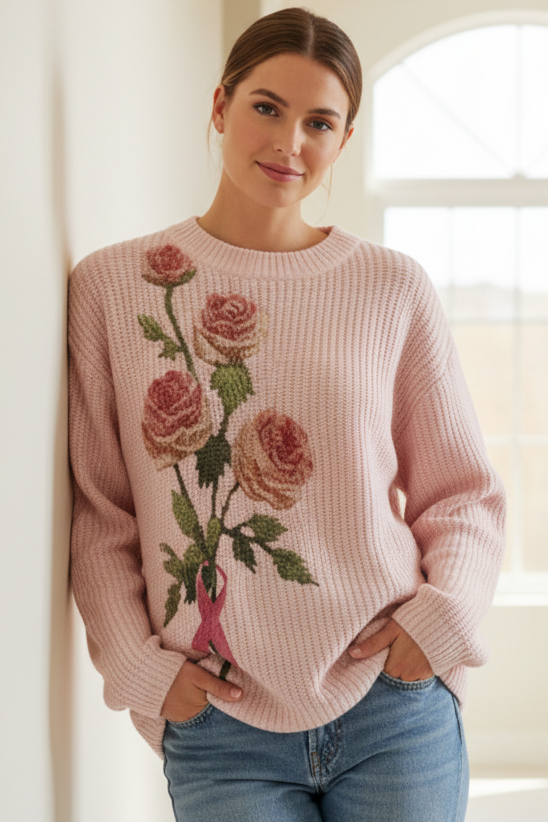 Knit Pink Ribbon Granny Floral Round Neck Shirt Long Sleeve Pullover Sweater