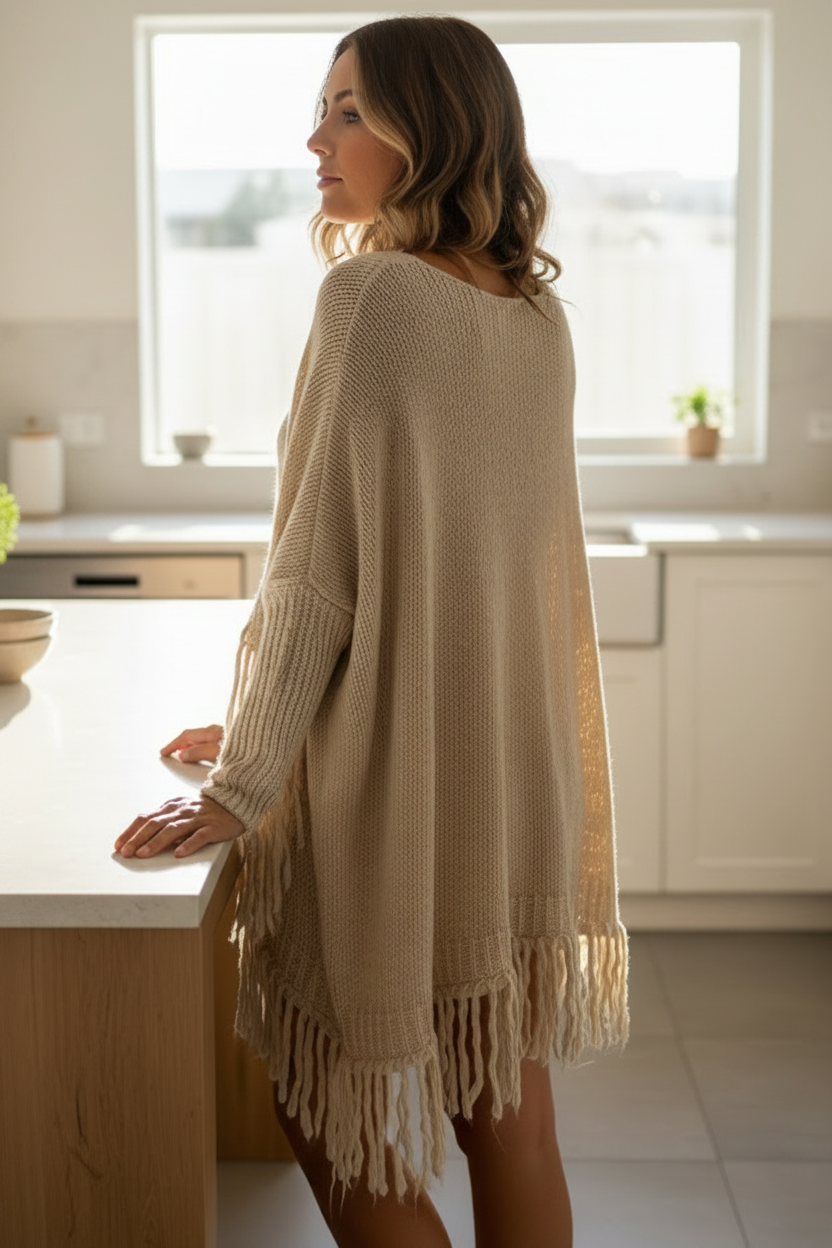 Dramatic Fringe Patch Pockets Long Sleeve Baggy Oversized Sweater