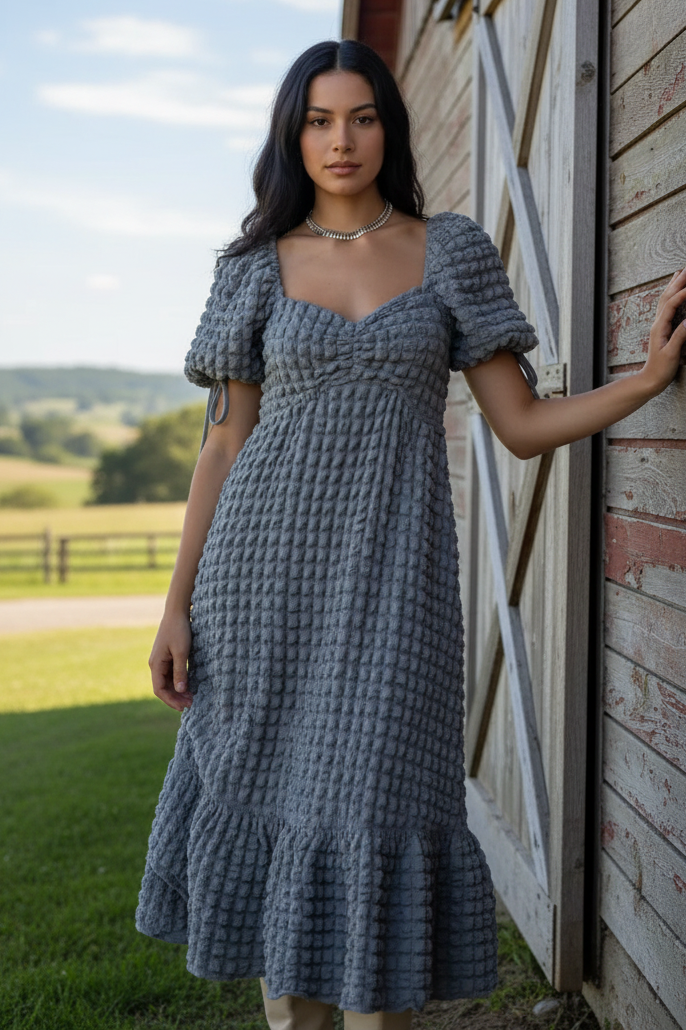 3D Popcorn Bubble Textured Sweetheart Neck Short Sleeve Smocked Back Tiered Midi Dress