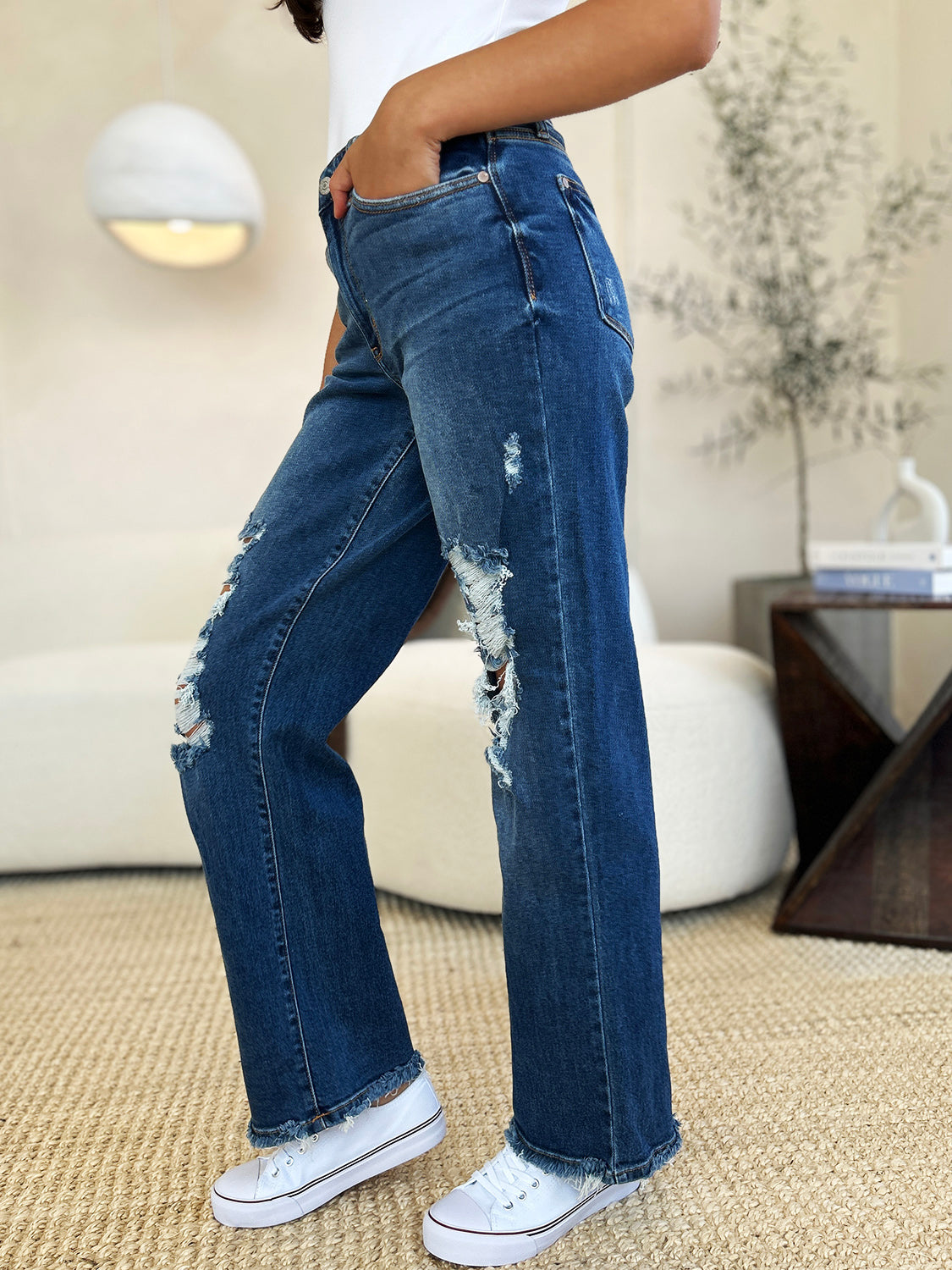 Mid-Rise Distressed Torn Mom Jeans Straight Leg Raw Hem Denim Pants Judy Blue