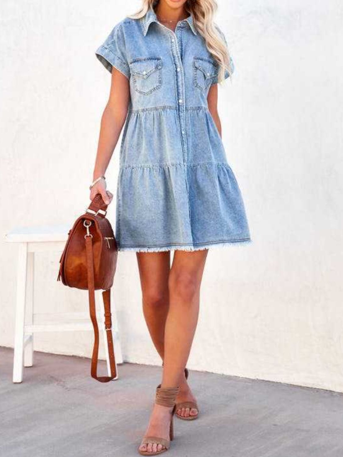 Button-Up Denim Short Sleeve Blue Jean Tiered Raw Hem Babydoll Mini Dress