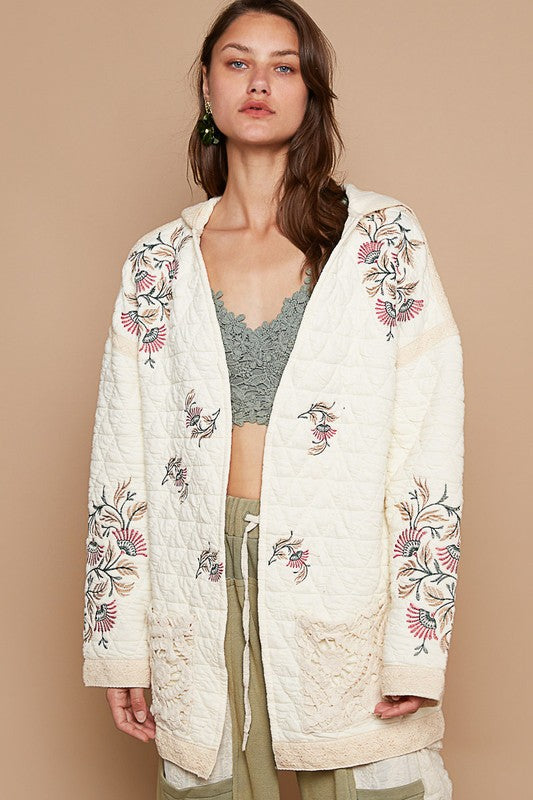 POL Hooded Floral Embroidered Quilted Patchwork Oversized Bohemian Jacket