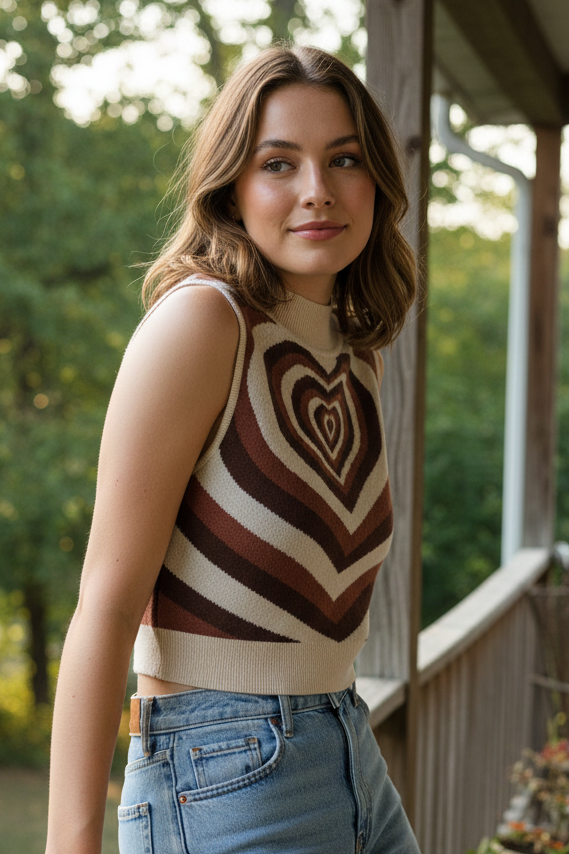 Retro Ripple Heart Mock Neck Sleeveless Knit Pullover Top Cropped Sweater Vest