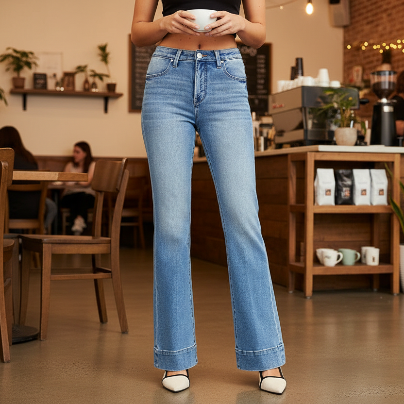 Risen Mid-Rise Tummy Control Slim Fit Retro 70s Flare Leg Jeans Denim Pants