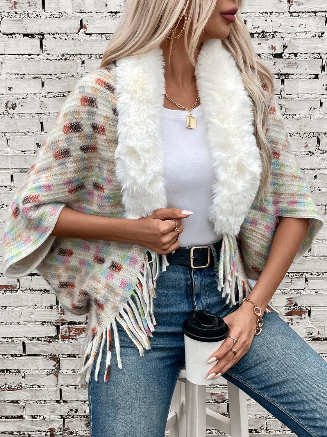 Plush Faux Fur Retro Fringe Hem Open Front Oversized Poncho Knit Cardigan