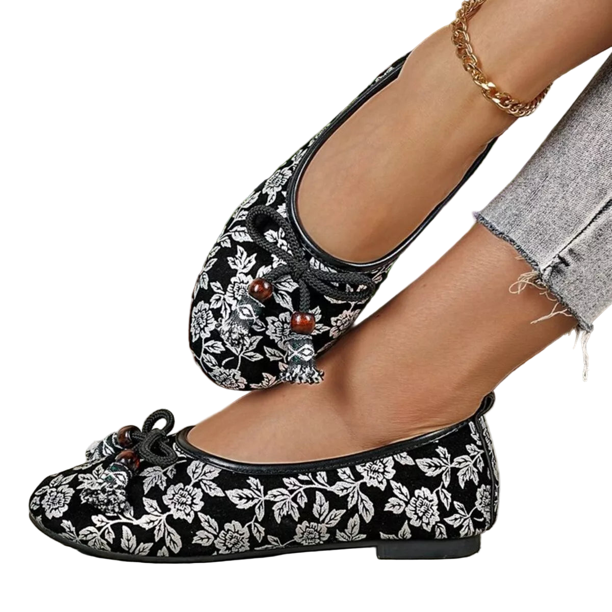 Tassel Bow Beaded Flats Slip-On Round Toe Floral Lightweight Ballet Loafer Shoe