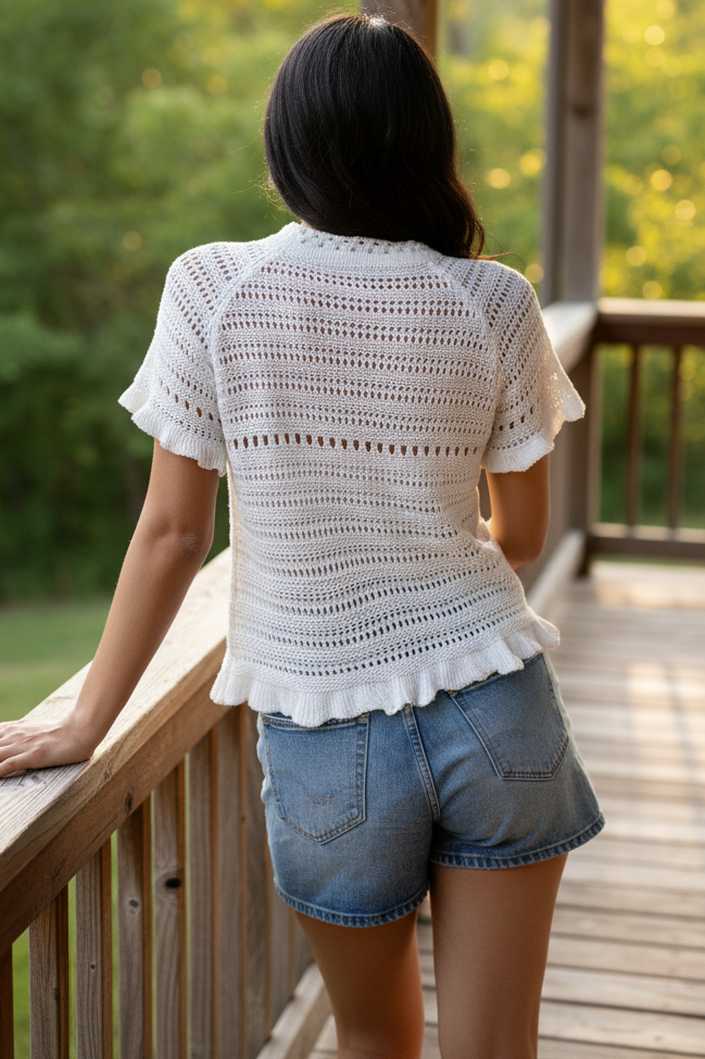 Openwork Seashell Mermaid Knit Ruffle Trim Shirt Short Sleeve Round Neck Crop Top